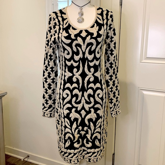 INC wool blend bodycon textured knit midi dress w/metallic thread black/cream L - Picture 2 of 9